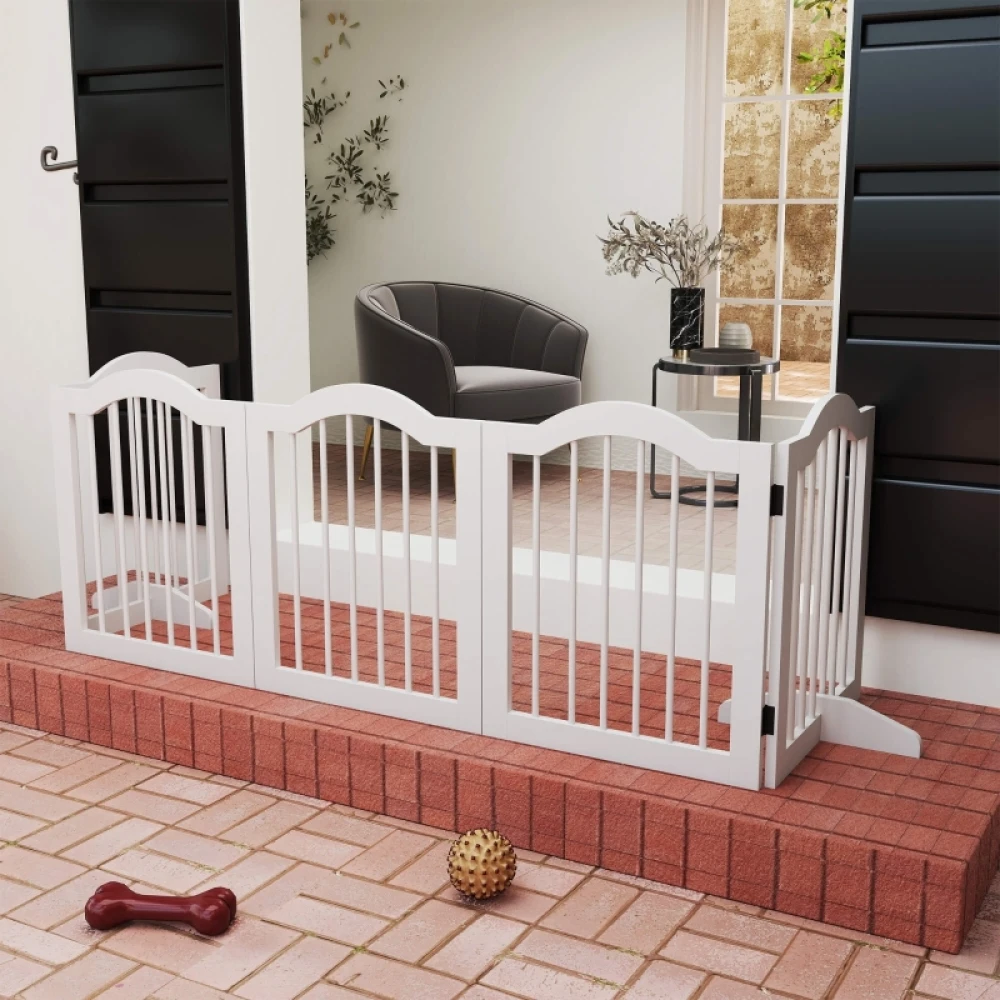 Barrière de sécurité pour chiens, 5 panneaux, pliable, flexible, en bois massif/MDF, 254,5x29,5x61 cm, Blanc
