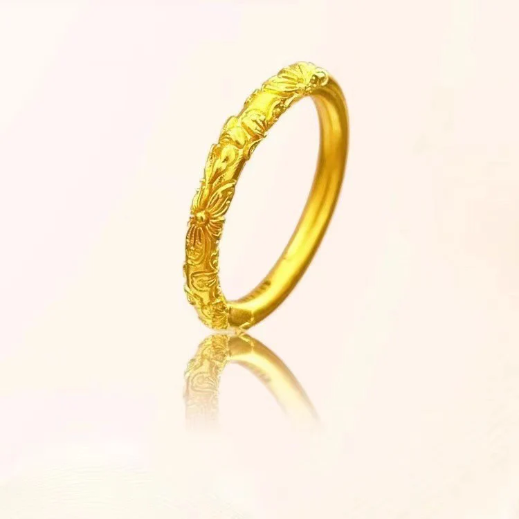 

Real 999 Gold Bauhinia Flower Relief Rings, 24k Gold Curling Grass Pattern Ethnic Style Finger Rings for Men Women Couples