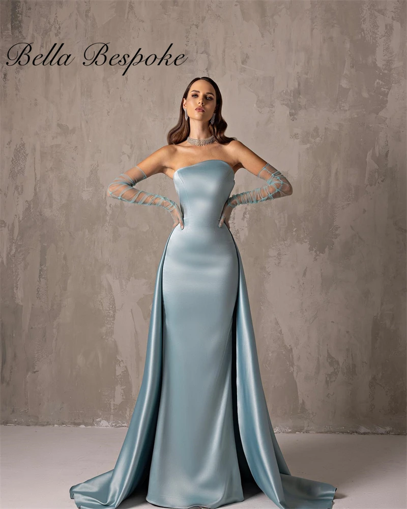 

Элегантное синее вечернее платье без бретелек в Дубае и Саудовской Аравии для женщин, арабские свадебные вечерние платья с перчатками по индивидуальному заказу فساتين سهرة