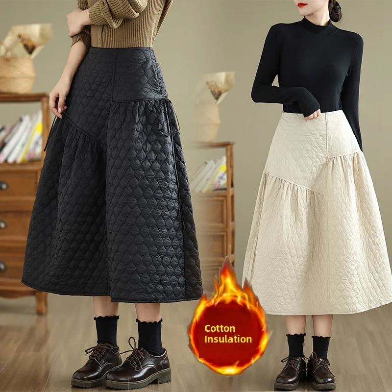 Nowa spódnica damska na zimę 2024 w stylu Hepburn, z wysokim stanem, o kroju litery A, długości do kolan, z ozdobnymi sznurkami i wzorem w romby, długa spódnica Thiened.