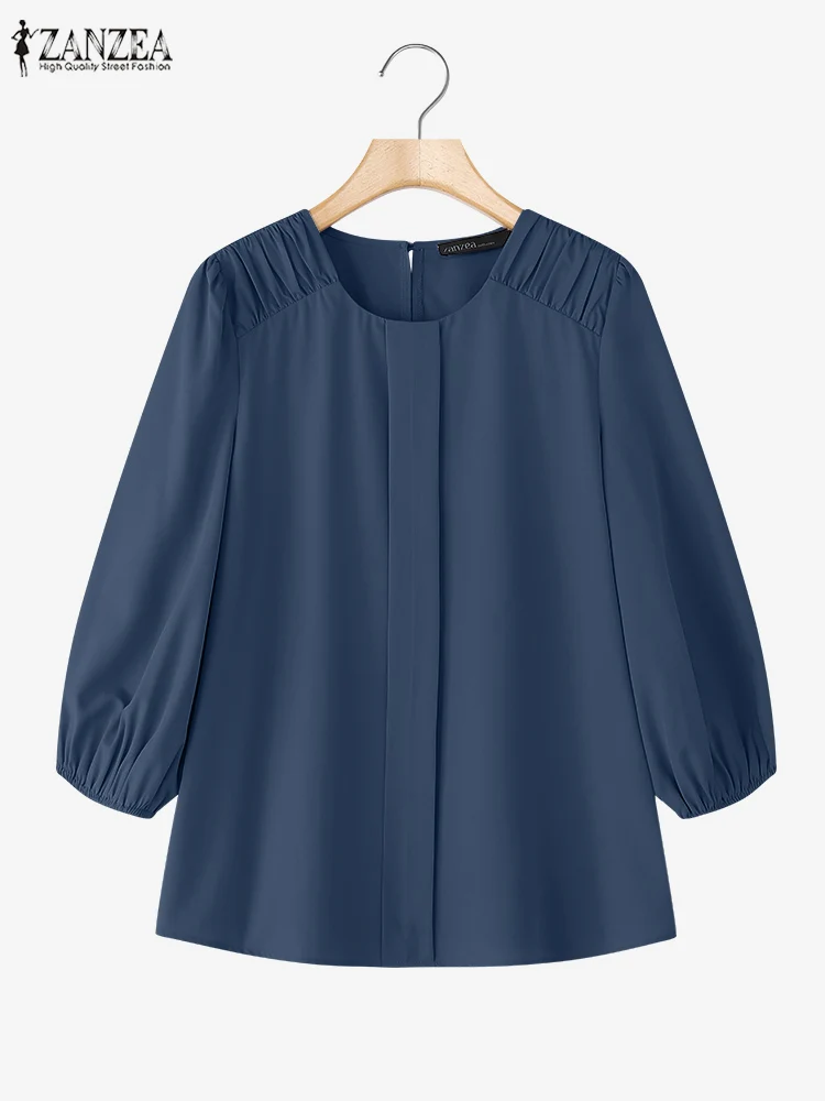 

Женские повседневные плиссированные дизайнерские блузки ZANZEA 2025 с длинными пышными рукавами и круглым вырезом, однотонные топы, весенне-осенняя повседневная одежда, женская одежда