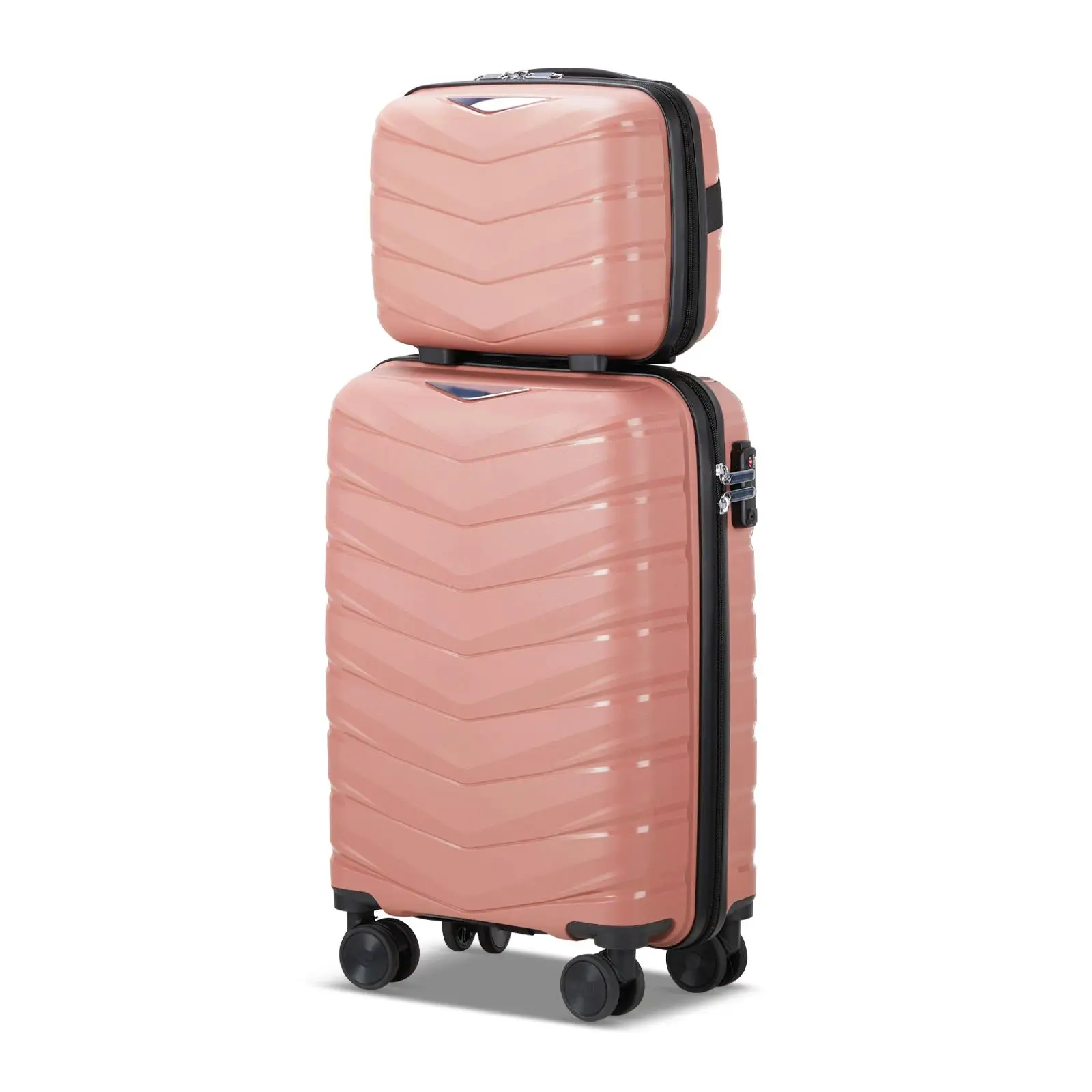 V-Shaped Stripe 2-Piece Rose Gold Set with PP Handbag & Trolley Case (14in & 20in) - Stylish & Durable