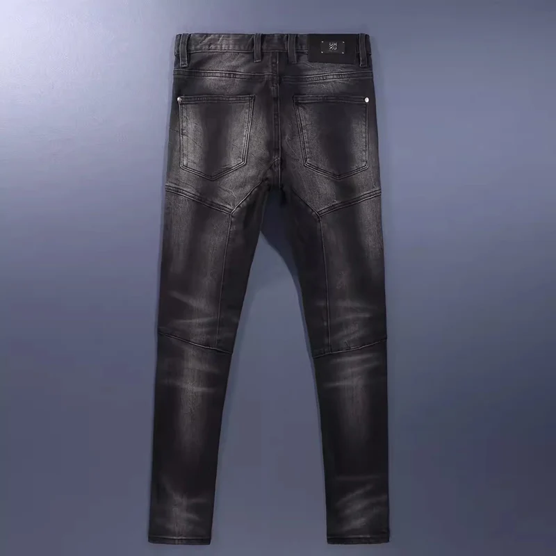 High Street Fashion Men Jeans Retro Black Gray Stretch Slim Fit Spliced Designer Biker Jeans Homme Patched Hip Hop Denim Pants