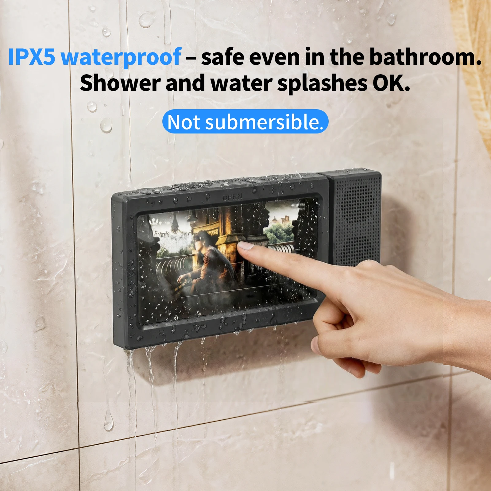 

Oatsbasf Shower Phone Holder with Bluetooth 5.3 Speaker Bathroom IPX5 Waterproof 1200mAh Anti-Fog Touch Wall Mounted Phone Stand