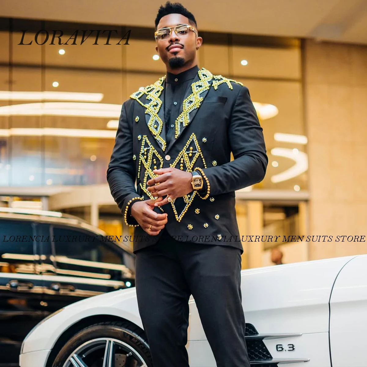 

Customized Luxury Diamond Ornament Men Suits 2 Pieces Sets Groom Male Prom Blazers Slim Fit Wedding Tuxedos trajes para hombre