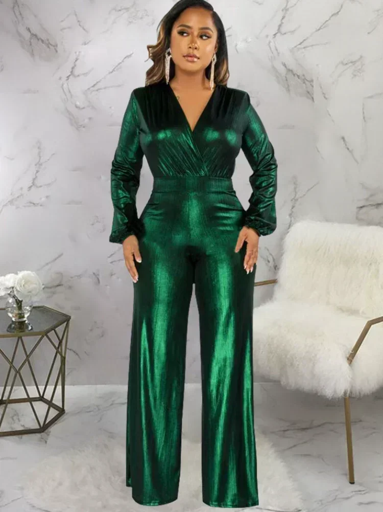

GUWU Glitter Metallic Party Nightclub Jumpsuit Women Evening Elegant Long Sleeve High Waist Wide Leg Christmas Birthday Romper