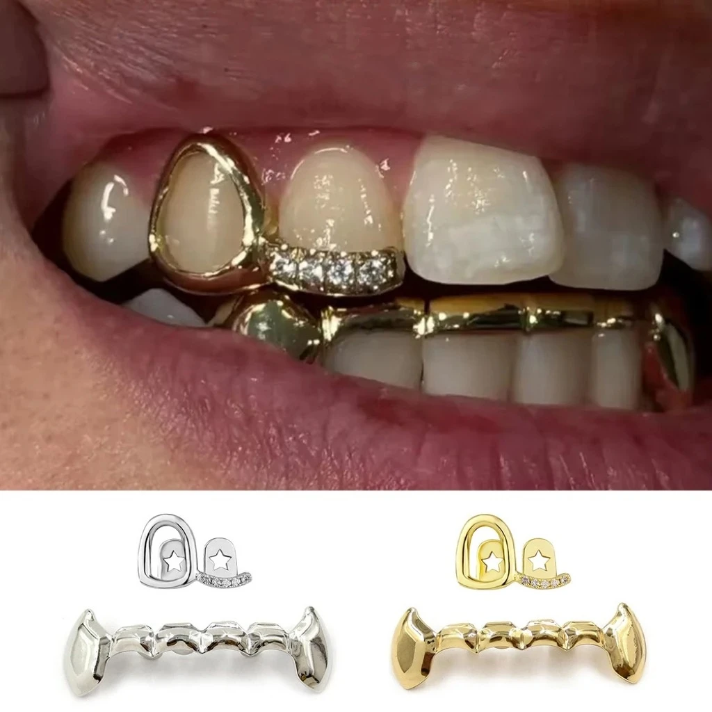 Hip Hop DIY Zircon Grillz Teeth Punk Style Single Hollow CZ Stone Tooth Caps for Women Men Top Bottom Jewelry Halloween Gift