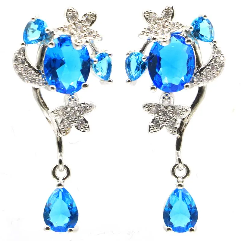 

39x17mm Princess Cut Swiss Blue Topaz Green Emerald White CZ Ladies Engagement Silver Earrings