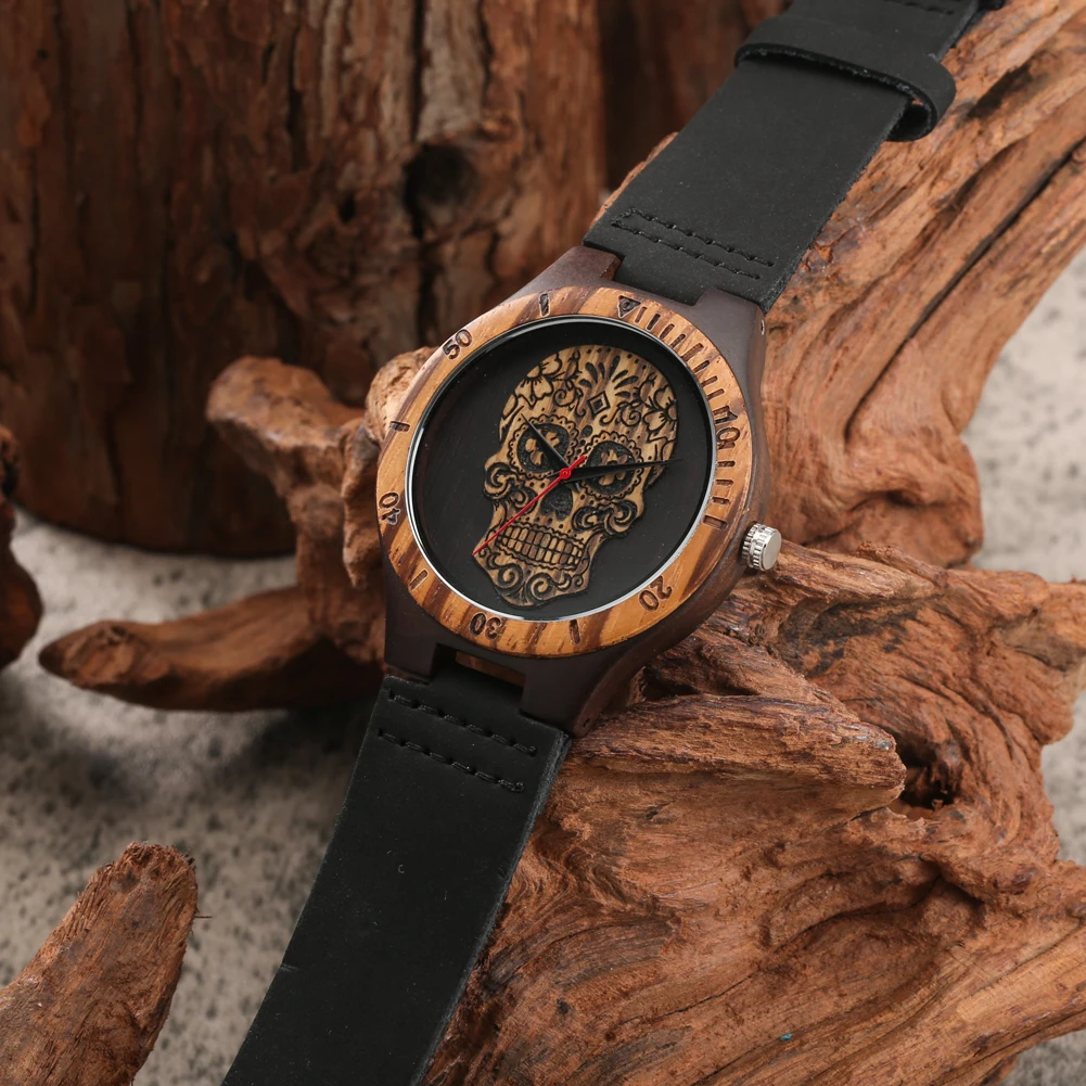 Punk Vintage Ebony Wood Watch for Men Quartz Wristwatch Black Genuine Leather Watch Band Unique Wooden Case Men's Watches reloj