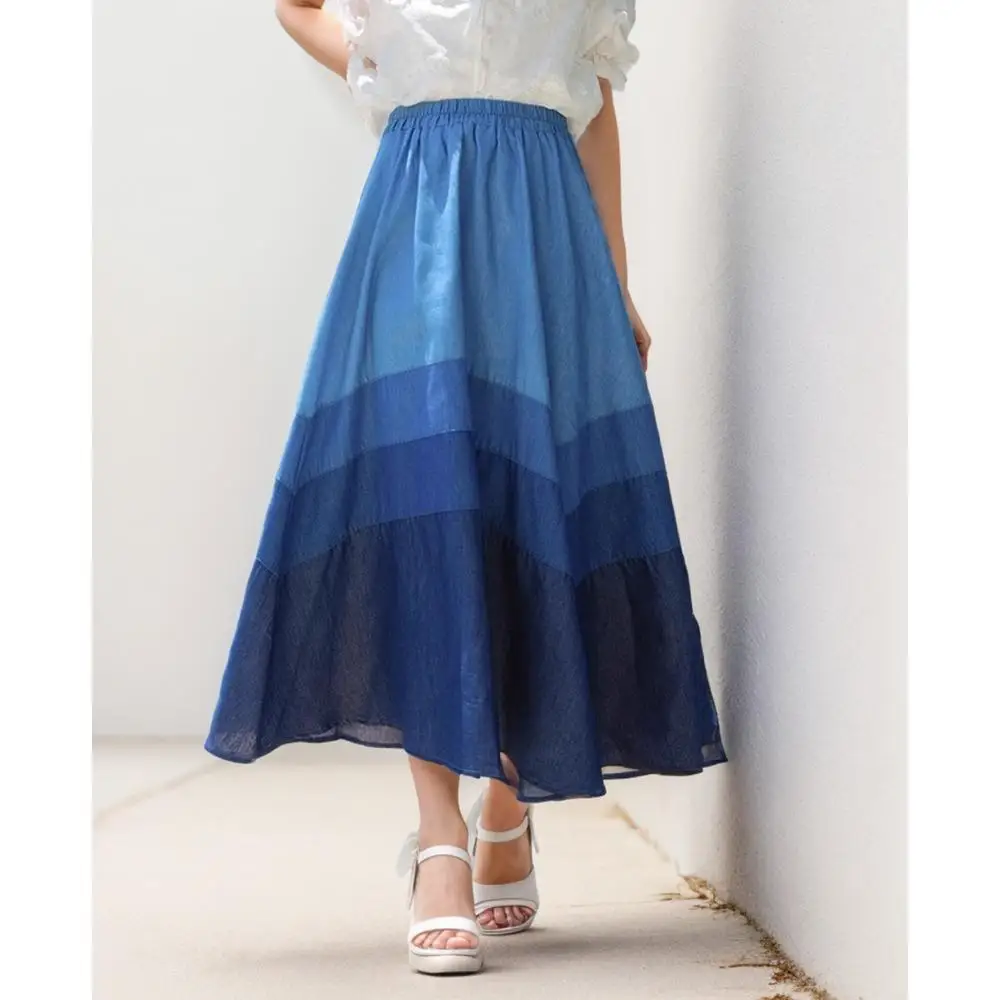 Plus Size 2024 Women Skirt Summer Denim Spliced Basic Waist Elastic Blue Basic Loose