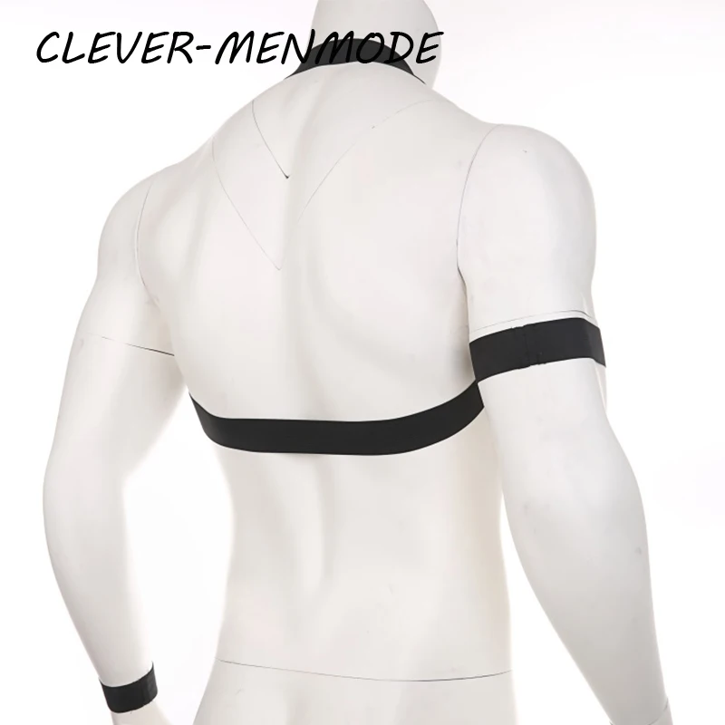 CLEVER-MENMODE Men\'s Sexy Harness Set BDSM Bondage Elastic Body Belt with Armband Wristband Chest Neck Halter Club Nightwear