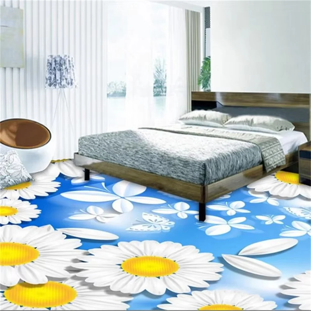 Pintura de suelo 3D personalizada, rosas rosas, mariposas, moda para dormitorio, suelo de PVC, gotas de agua, papeles tapiz de flores, suelo autoadhesivo