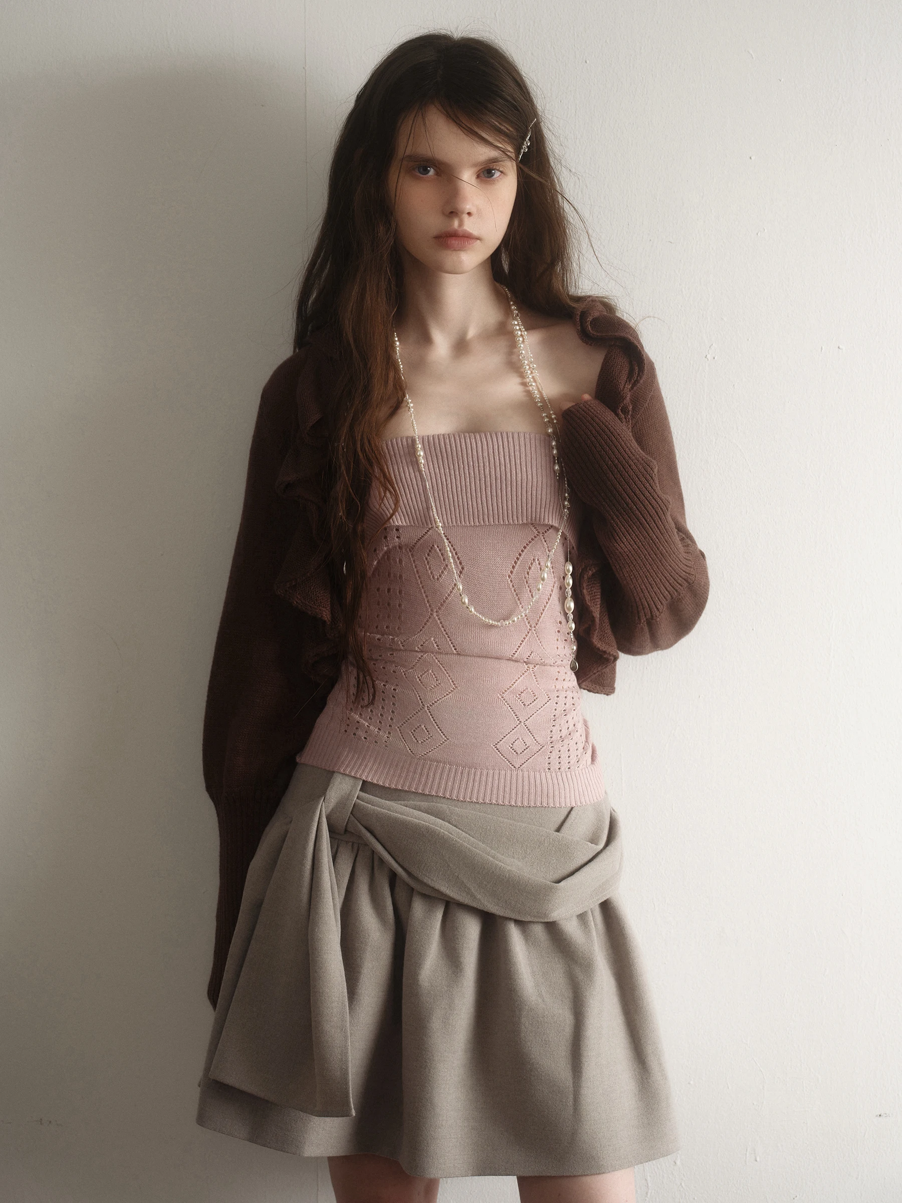 

Original Artist Brown Acetate Camere Open Cardigan with Lace Hem Two-Piece Set Diamond Patterned Strapl Top Vintage Sl...