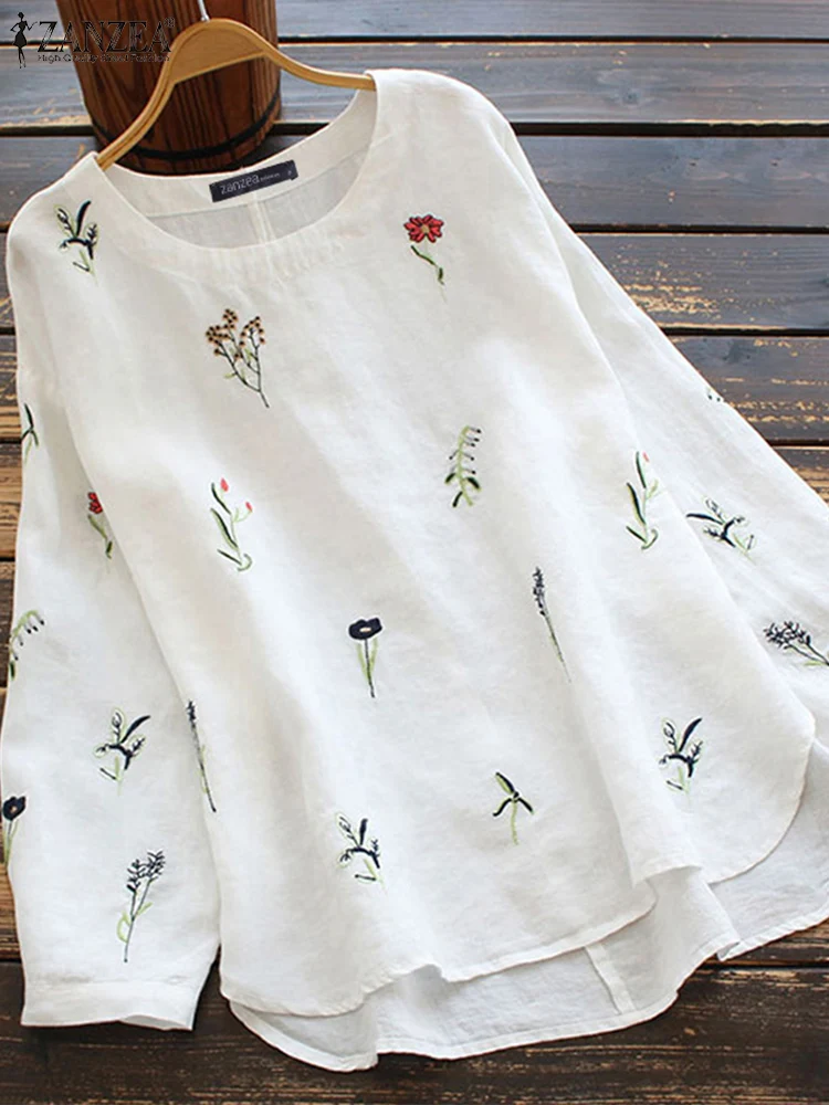 

ZANZEA Women O Neck Long Sleeve Floral Embroidery Shirt Elegant Cotton Casual Tops Autumn Vintage Blouse Female Blusas Oversize