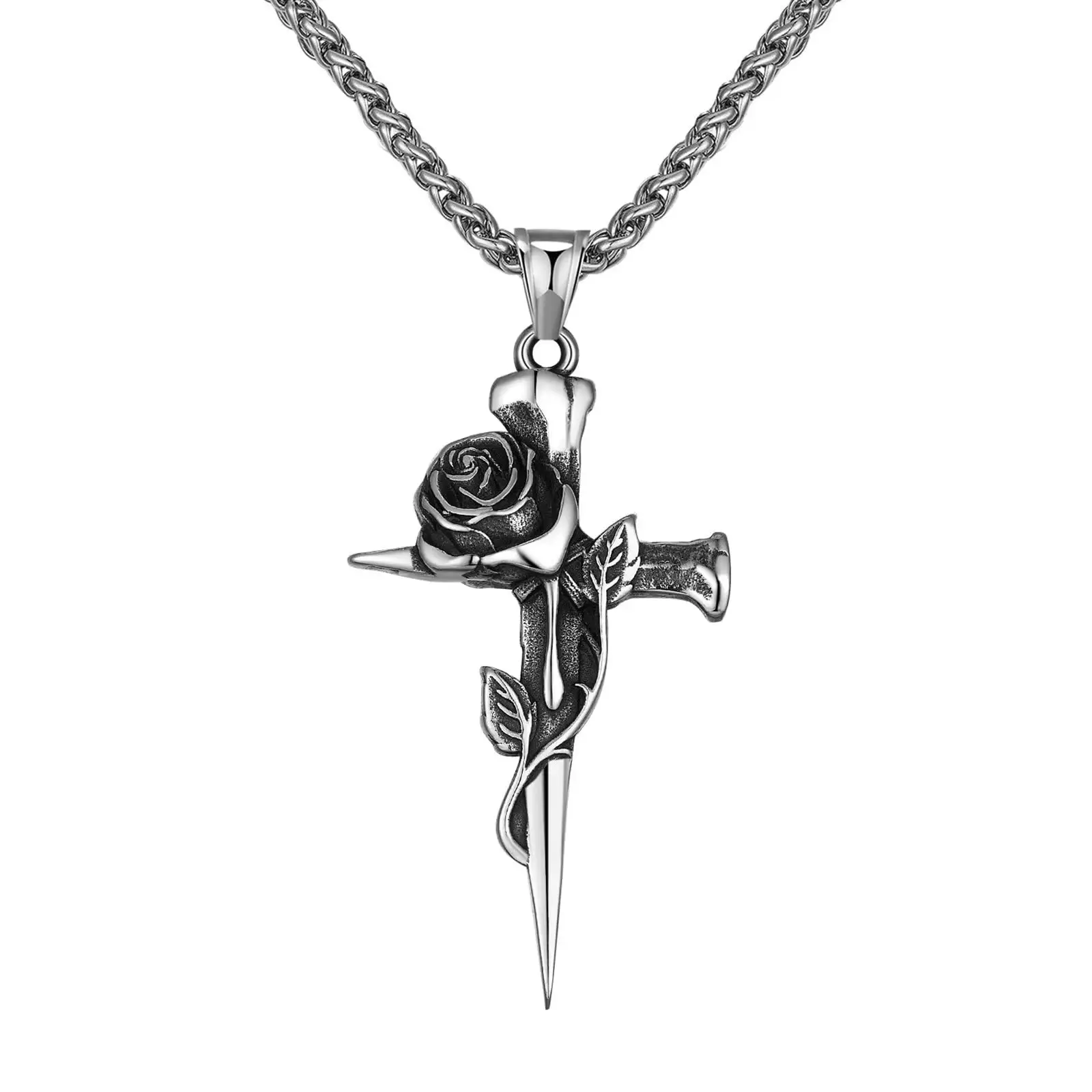 Vintage Cross Pendant Necklace Gothic Rose Flower Cross Necklace Rapper Bike Necklaces with 24 Inch Chain for Men Women