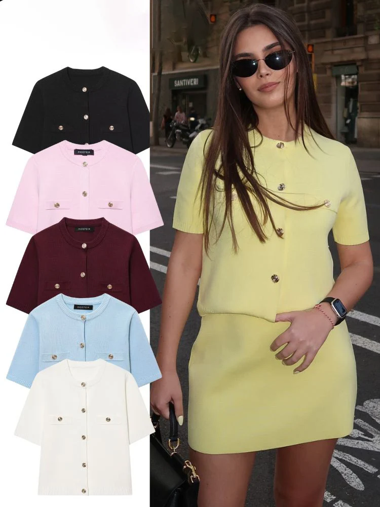 

HH 2025 Fashion Women Soild Knitted Cardigan Casual O-Neck Short Sleeve Single-Breasted Commuter Simple Tops Lady Outerwear