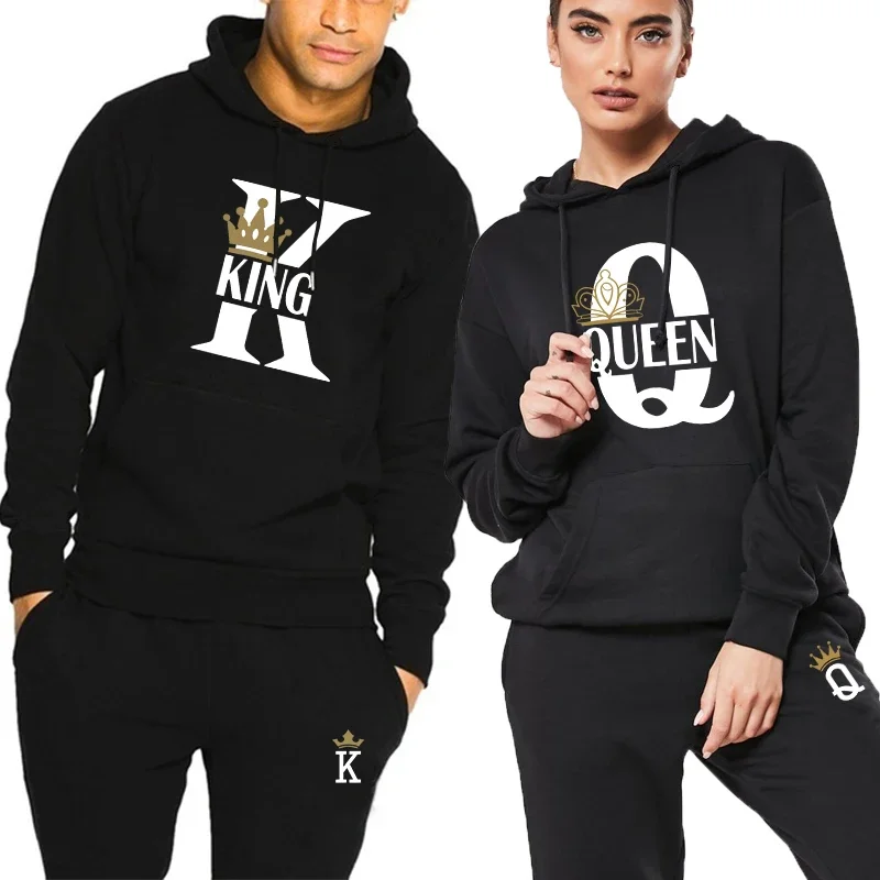 King Queen Printing Herren- und Damen-Trainingsanzug, lässiger Kapuzenpullover-Anzug, Alltags-Sportbekleidung, Jogging-Kleidung, Herbst-Winter, 2-teiliges Set