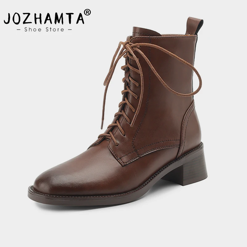 

JOZHAMTA Size Size 33-43 Women Ankle Boots Genuine Leather Lace-Up Thick Heels Shoes Fall Winter Office Lady Dress Short Booties