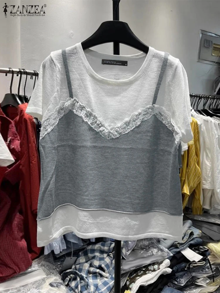 

ZANZEA женские летние блузки элегантные блузки с круглым вырезом и короткими рукавами повседневные кружевные лоскутные праздничные рубашки искусственные топы из двух предметов Mujer