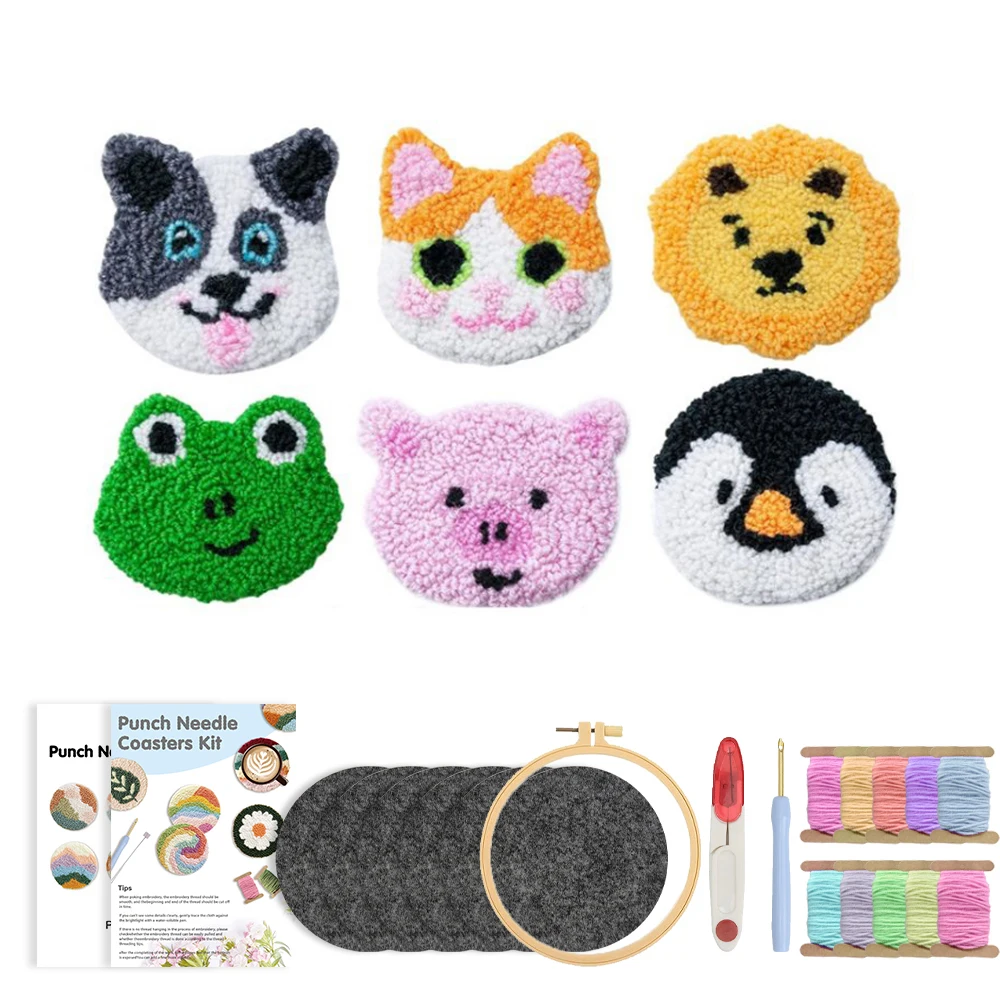 

Cute Punch Needle Embroidery Coaster Set For Adult Magic Needle For Embroidery Set Animal Tufting Coaster Crafts Art Home Decor