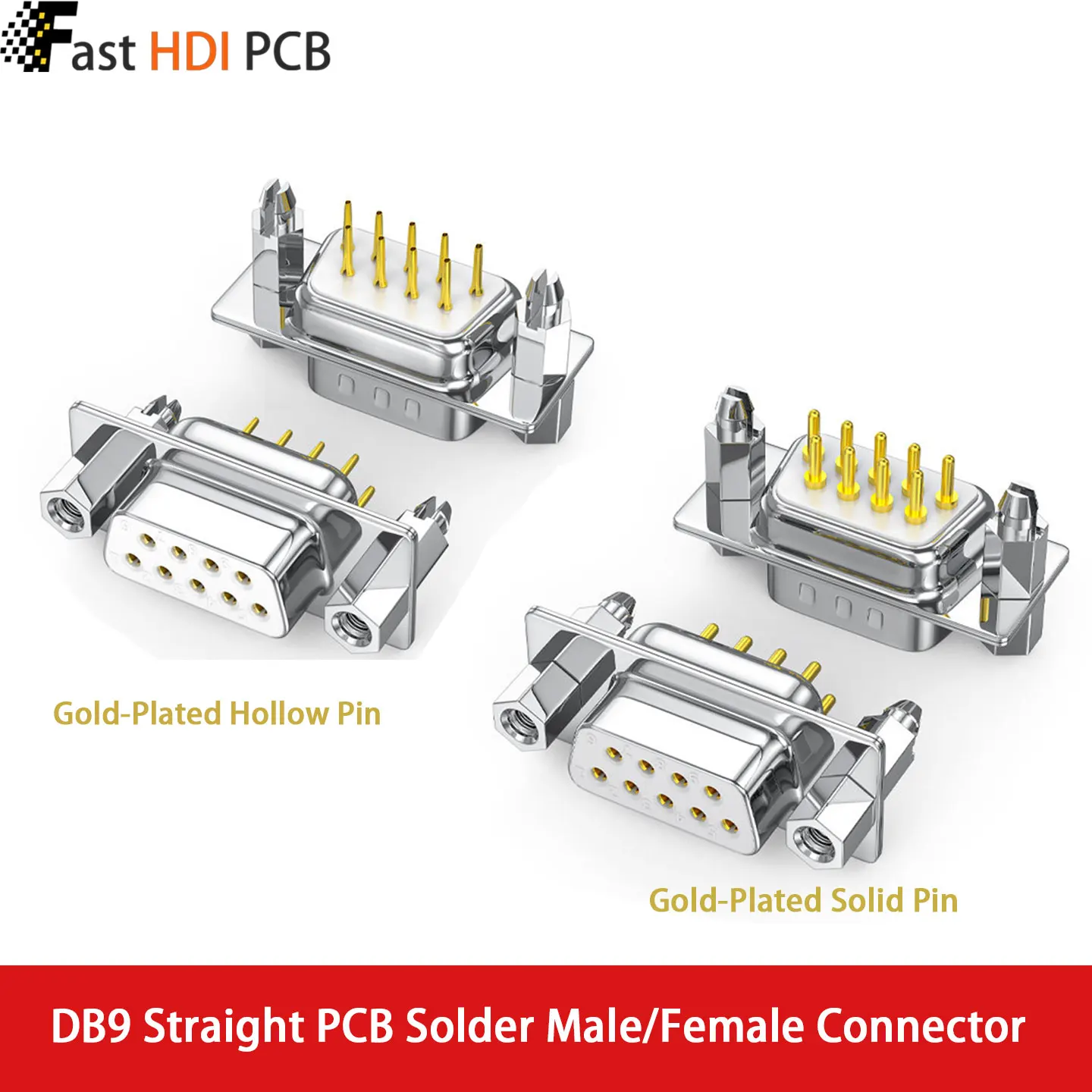 DB9 PCB Mount Connector Solder Type Male Female 9 Pin RS232 D-Sub Straight Gold Plated Solid/Stamped Pin for Industrial Control