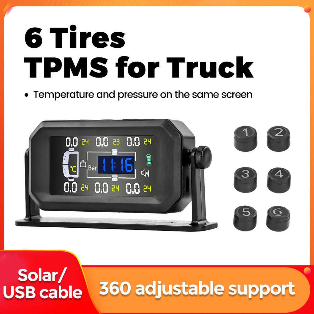

New For Truck External Tire Pressure Of The Solar-powered Cargo RISK WARNING Temperature Display on Screen USB Cable 6Tires TPMS