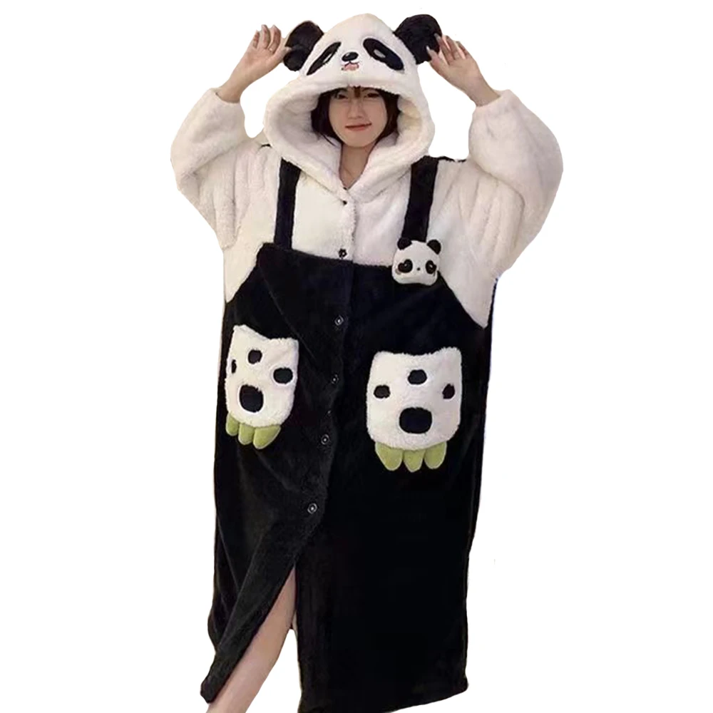 

Panda Hooded Pajamas Nightgown For Women Halloween Christmas New Year Cosplay Robe Overall Winter Suspender Nightdress Sleepwear