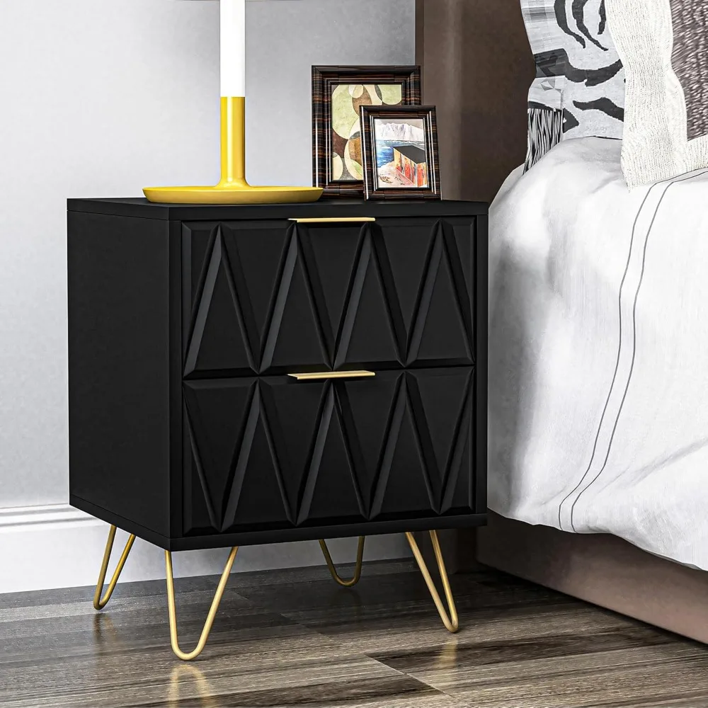 Black Nightstand, Modern Bedside Table with 2 Drawers Storage, Wood End Side Table Night Stand with Gold Metal Legs