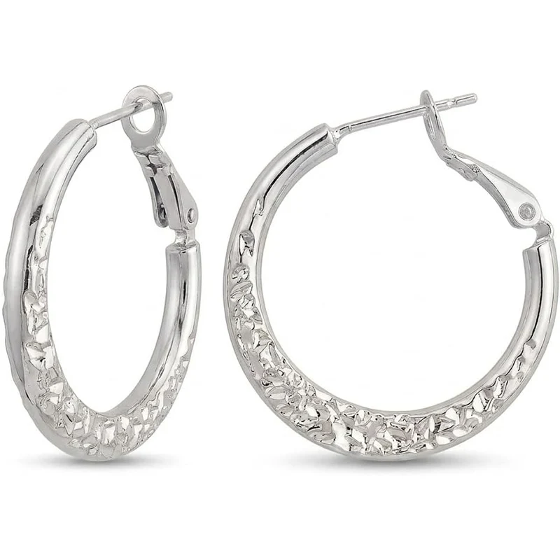 925 Silver Textured Hoop Earrings for Women Shiny Round Hoops Lightweight Medium Earrings Minimalist Everyday Jewelry Gift