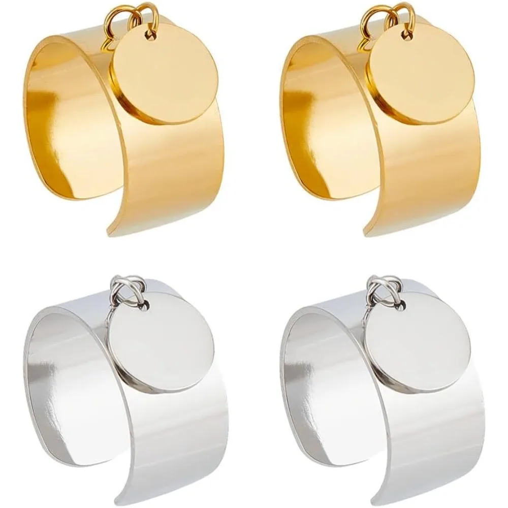 

4Pcs Stainless Steel Rings with Flat Round Charm 2 Colors Adjustable Open Cuff Rings Openable Ring Cuff Ring Charm for Womens