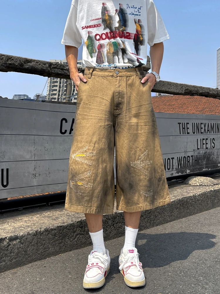 

Мужские повседневные свободные прямые джинсы American Street Sle, модные брендовые джинсы с водной завязкой и семью футами, модные брендовые джинсы orts