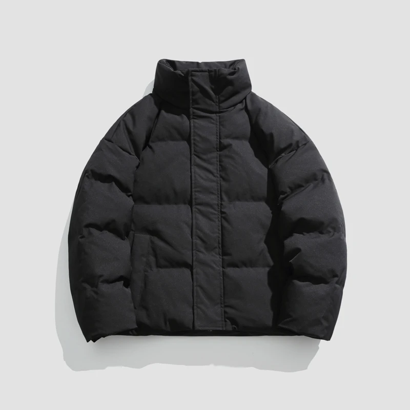Loose Fit Men's Cotton Jacket Pure Color Stand Collar Winter Warm Casual Bread Style Coat Versatile Male Outerwear