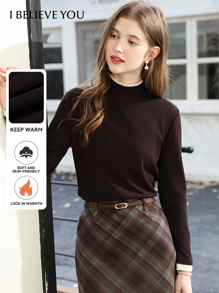 

I BELIEVE YOU Woman Black Knit Top 2025 Autumn Winter Minimalist Half High Collar Fake Two Piece Long Sleeve T-Shirt 2254236121