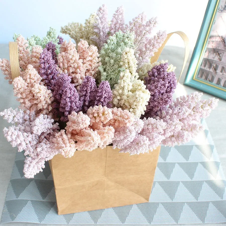 

6pcs Artificial Flowers Bouquet, Faux Foam Mini Berry Vanilla Spike, Fake Cereals Plant for Home Wedding Decor Combs Haircut