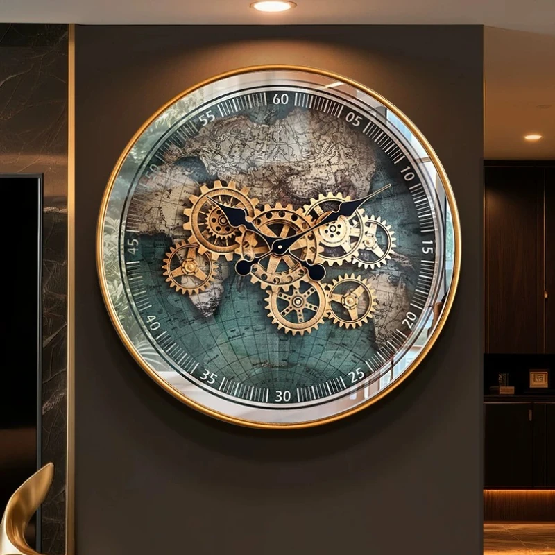 Vintage World Map Wall Decor Accent Panel Time Display Furnish Round Industrial Wall Hanging Ornament for Living Room Lobby