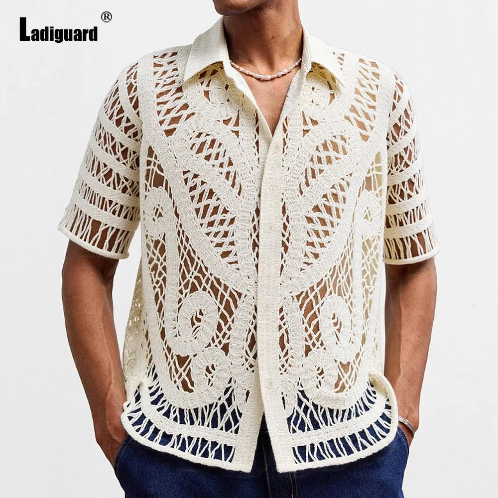 

2025 Sexy Men's Hollow Out Polo Shirt Men Short Sleeve Notched Casual Knitted Tops New Summer Lace Embroidery Beach Shirts White