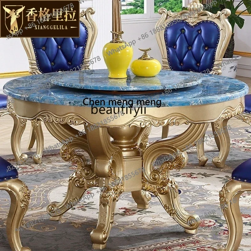 z183 A55 European dining table andchairs American marble round table with turntable solid wood carving flower luxury champagne g