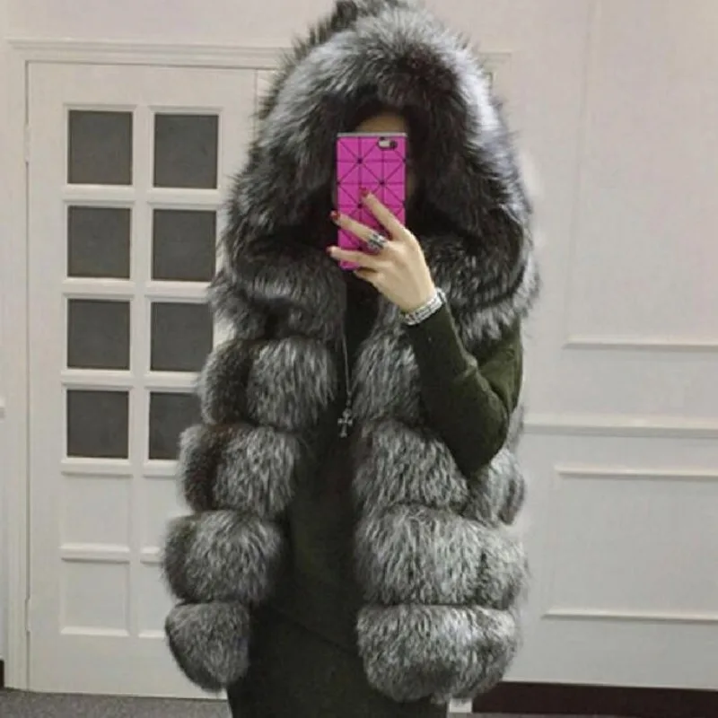 

Female Autumn Winter Tops Coat Waistcoat Faux Fur Hooded Montage Comfortable Leisure Fashion Senior Soft Minority Versatile Thin