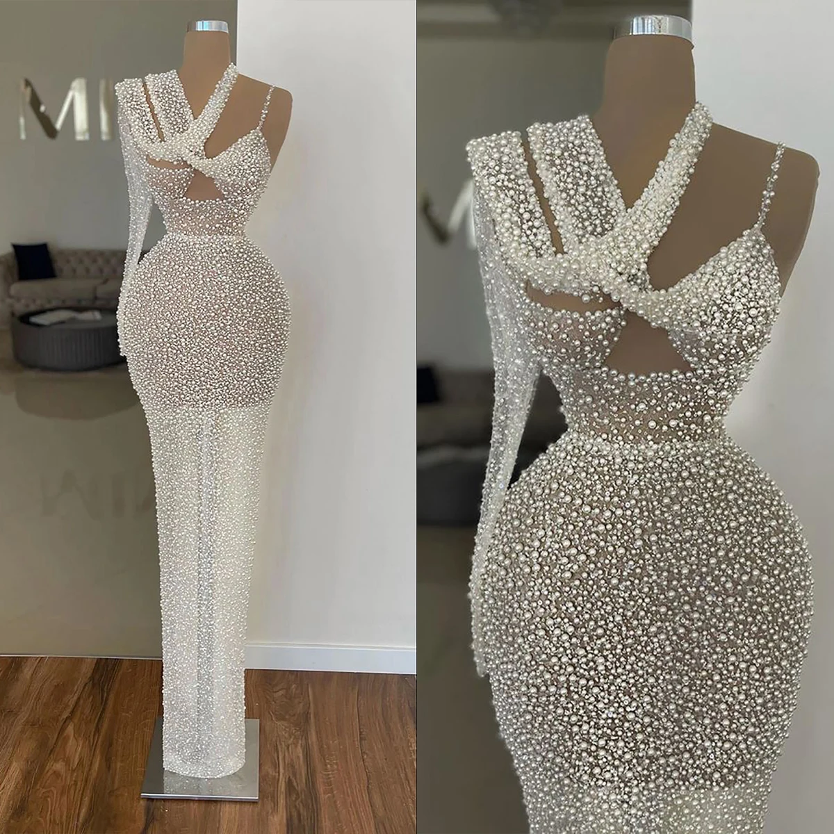 

Stylish Wedding Dresses Pearls Bridal Gowns See Through Mermaid Slim One Shoulder Sequins Customized Bride Vestidos De Novia