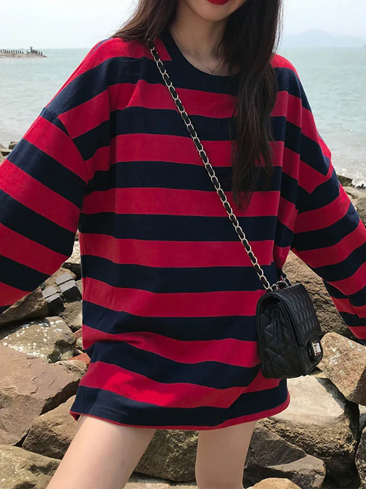 Striped Shirt Streetwear Harajuku Couple Tops Female Long Sleeve Gothic Shirts Spring Woman T-shirt Vintage Blouse Tops