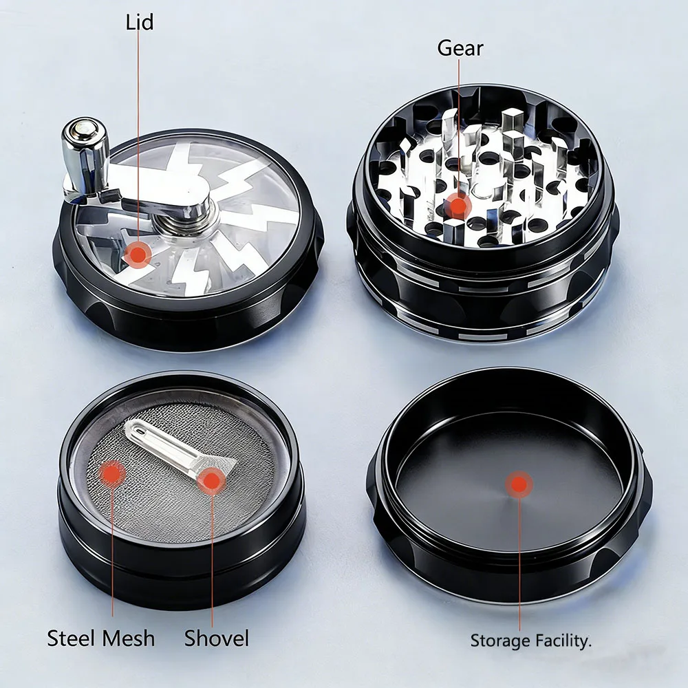 Hand Crank Clear Top Aluminum Alloy Grinder, 6.3cm 4-Layer Detachable Portable Grinding Tool with Sharp Metal Teeth, Labor-Saving