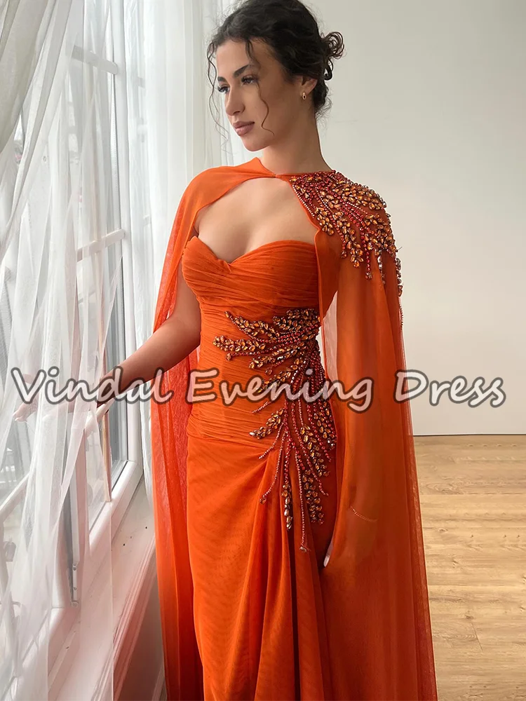 Vindal – robe De soirée longue en mousseline De soie Orange, avec Cape et cristaux, robe De bal élégante, robes De soirée De mariage, personnalisées