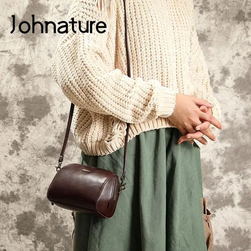 Johnature Simple Genuine Leather Women Small Bag Natural Cowhide Clutch Bag Versatile Solid Color Shoulder & Crossbody Bags