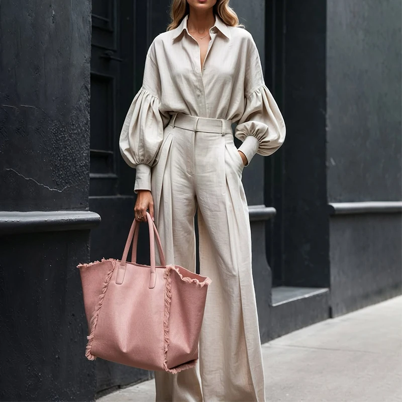 

High Street Solid Color Loose Two Piece Women's Lapel Button Shirt and Pants Casual Suit Elegant Lantern Sleeve Commuting Outfit