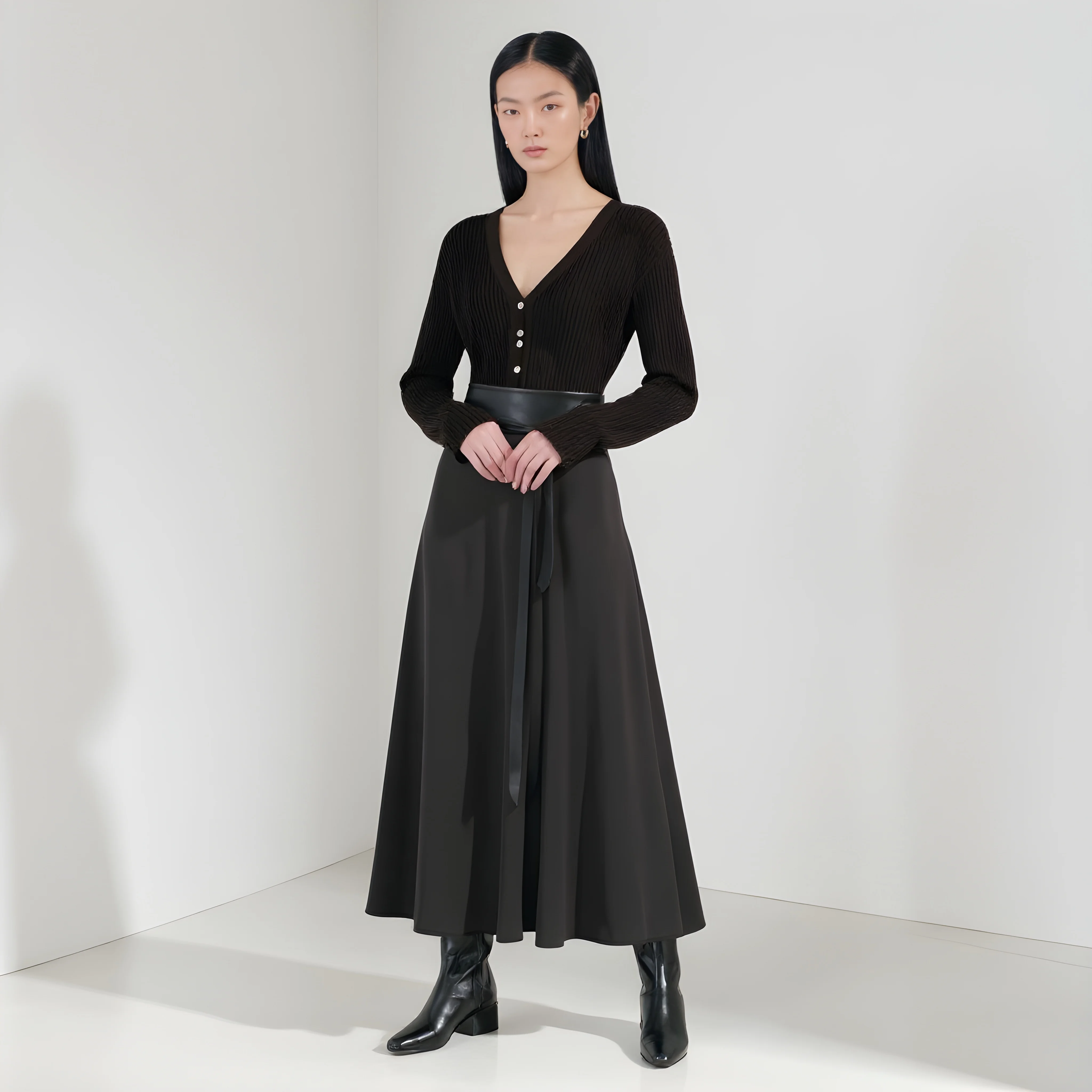 تنورة نسائية لخريف وشتاء على شكل حرف A متوسطة الطول كاجوال بخصر عادي عصرية بدون ملابس تزيين