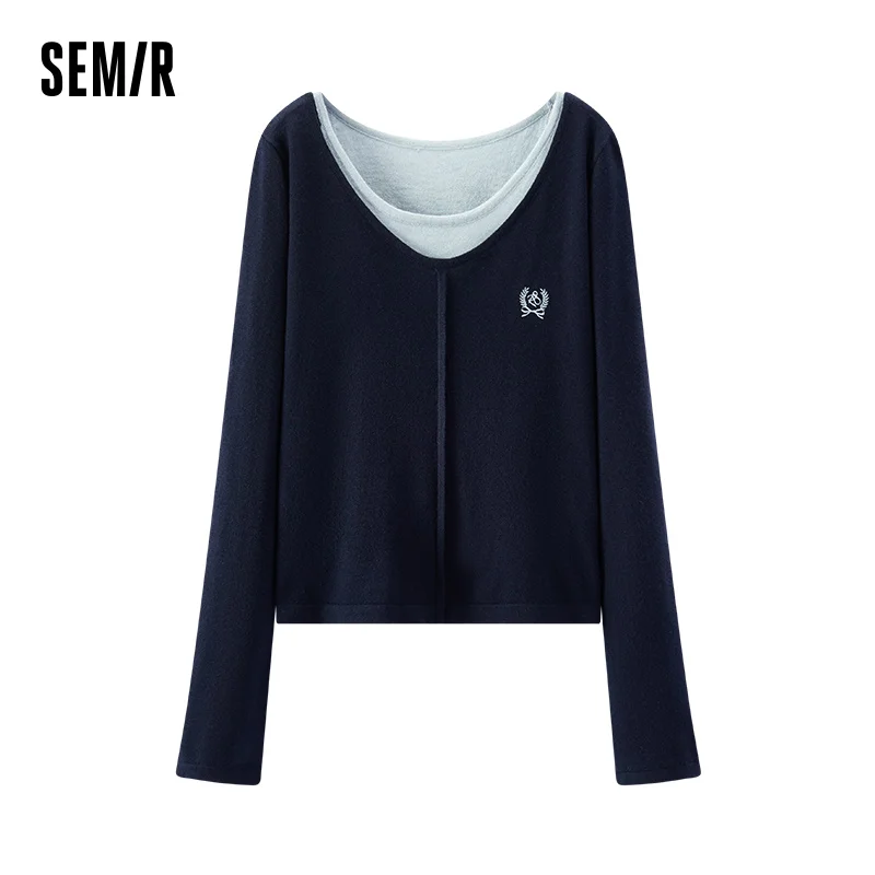 Semir Strickpullover für Damen, Winter, kurze Länge, gefälschter zweiteiliger Farbblock, bestickt, schlank, 2025, neues sexy, stilvolles Oberteil