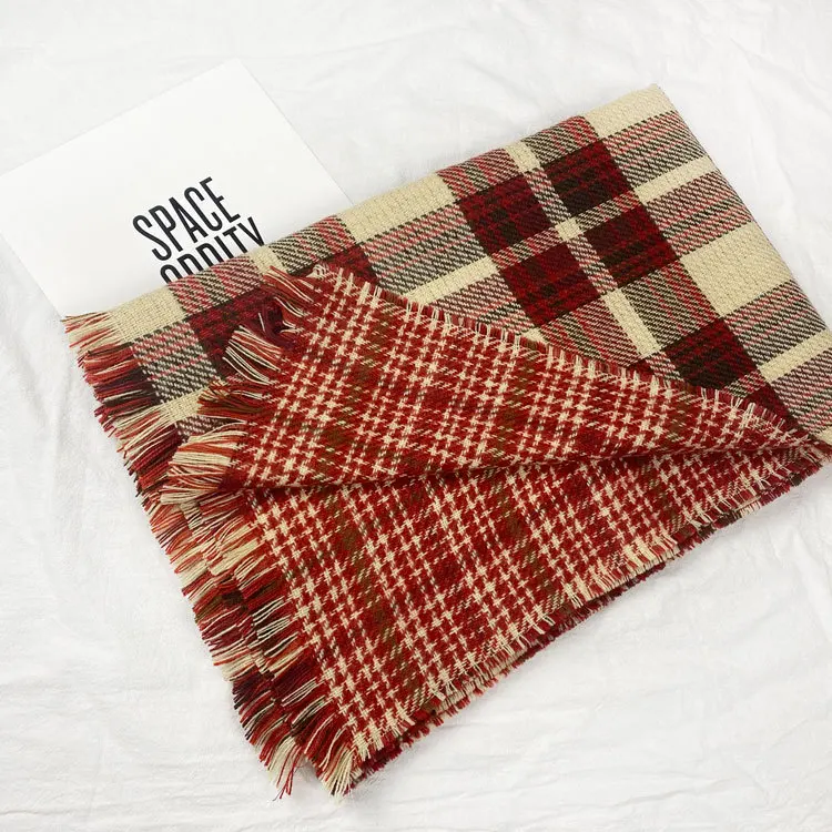 New Double‑Sided Plaid Scarf for Women, Retro Warm Christmas Scarf, Casual Autumn Winter Daily Neck Wrap Shawl