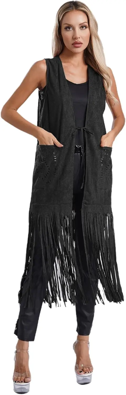 Women s Long Tassel Vest 70s Hippie Outfit Sleeveless Open Front Jacket Western Cowgirl Outfit