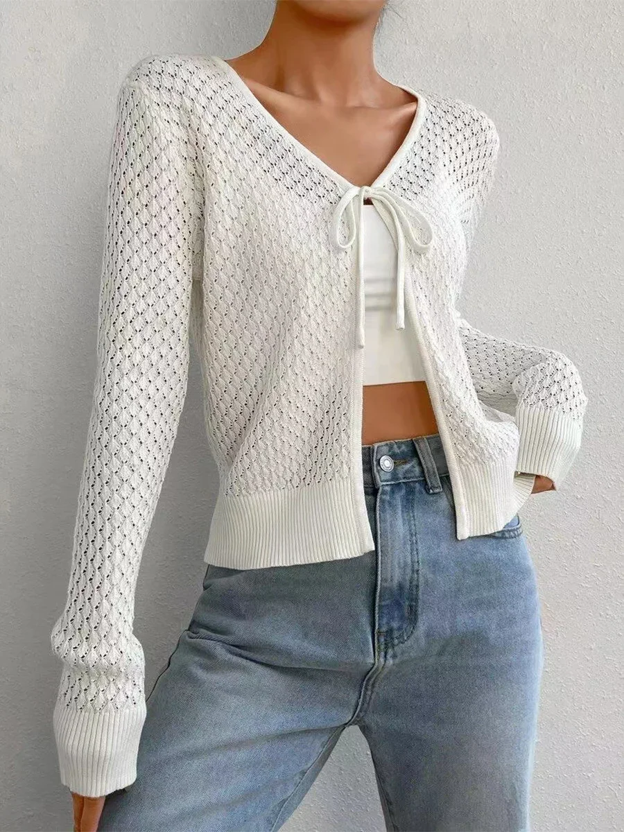 Women Oversized Chunky Knit Cardigan Sweater with Open Front and Hollow Out Design Trendy Long Sleeve Tie Up Casual