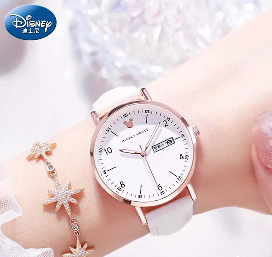 ساعة فحص خاصة للفتيات من ديزني، ساعة يد كوارتز عصرية، تاريخ الأسبوع، عقارب مضيئة، ساعات نسائية عصرية على شكل نجوم السماء للنساء
